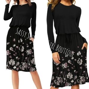 ⭐🆕 Black Long Sleeve Floral Detail Drawstring Dress